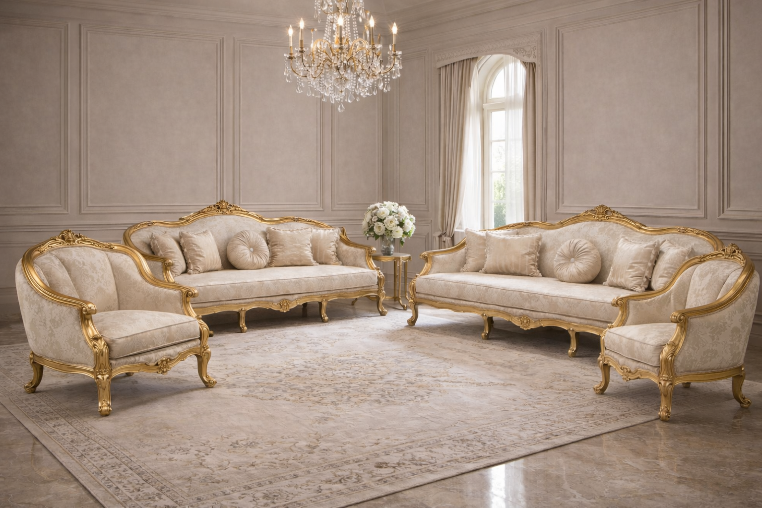 Elegantes Wohnzimmer-Set mit 3+3+1+1-Sitzern im klassischen Stil