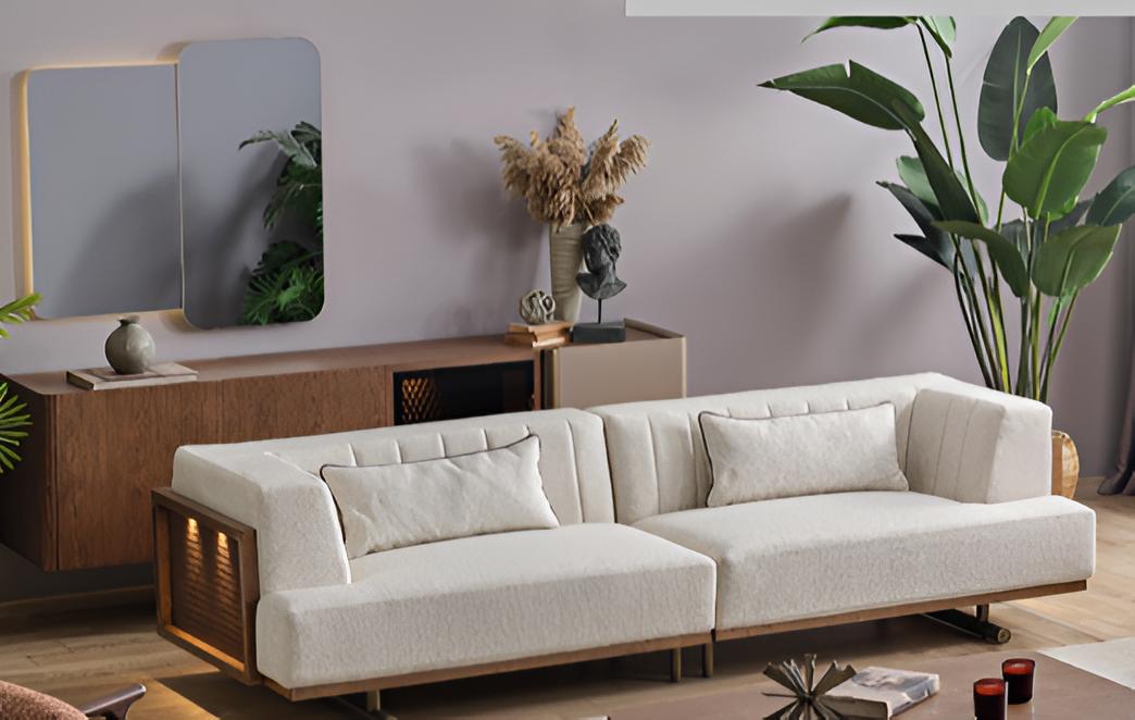 Designer Wohnzimmer Set Sofa 4-Sitzer Konsole Spiegel Modern.
