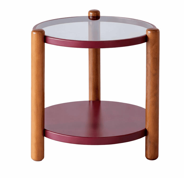 Beistelltisch Moderner Stil Braun Rot Glasplatte Zwei Ebenen Holzbeine