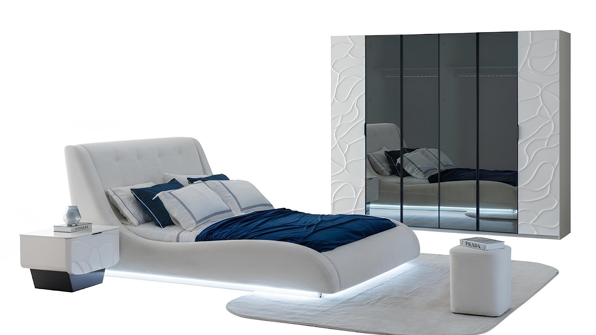 Schlafzimmer-Set Nachttisch Bett Kleiderschrank Weiß Moderner Stil Neu