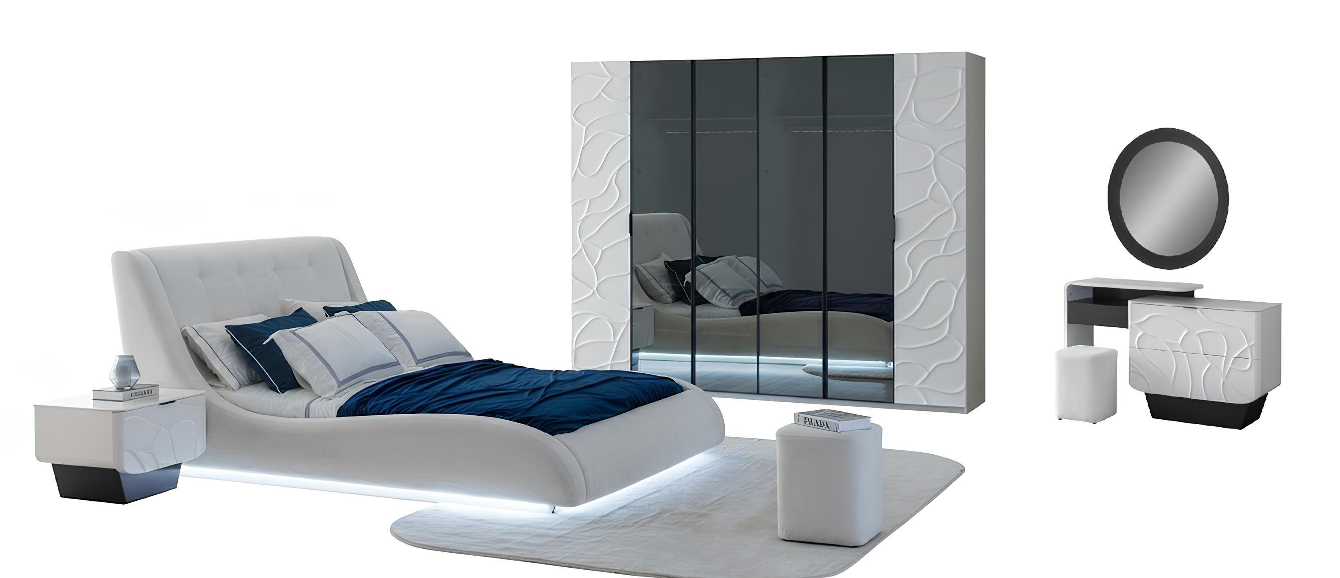 Schlafzimmer-Set Nachttisch Bett Kleiderschrank Kommode Weiß Moderner