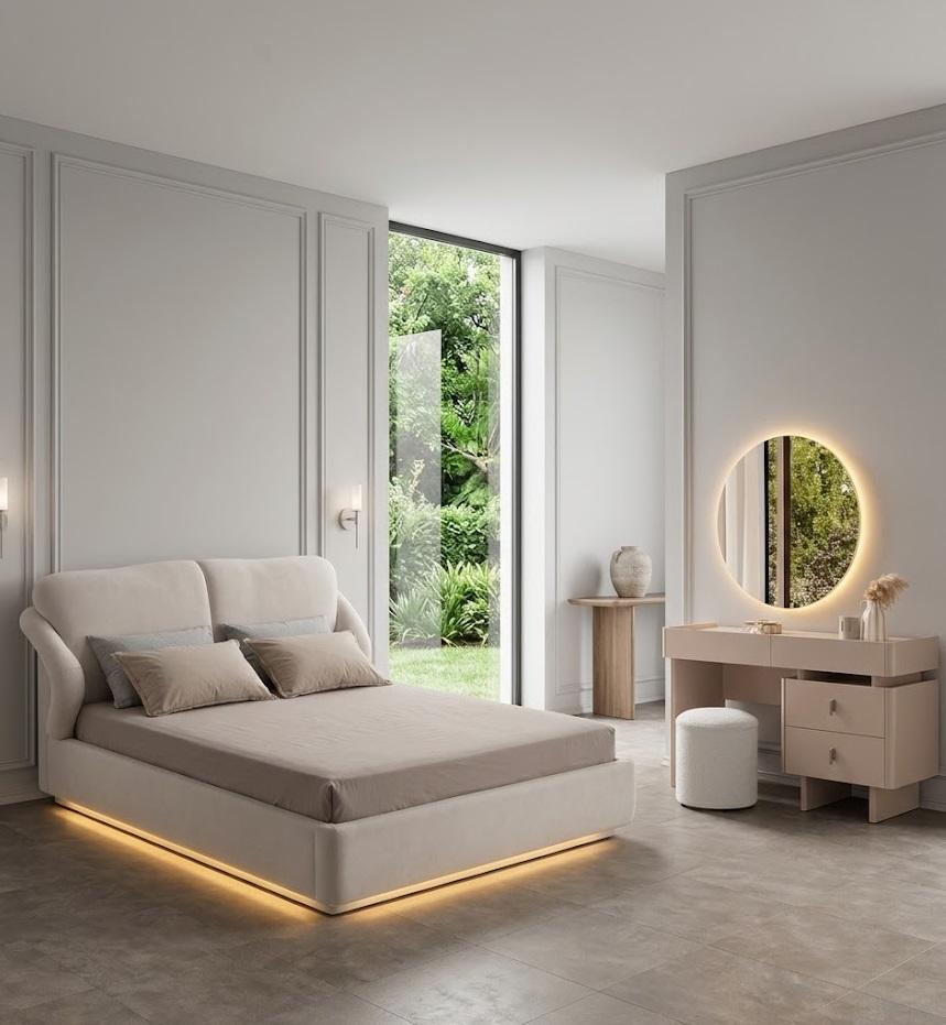 Modernes Schlafzimmer-Set Bett stilvolle Kommode runder Hocker 3-tlg