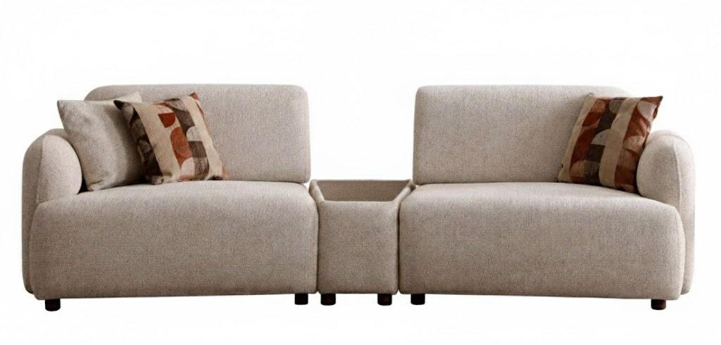 Wohnzimmer Sofa Moderner Stil Beige Holzgestell Kissen Entspannend