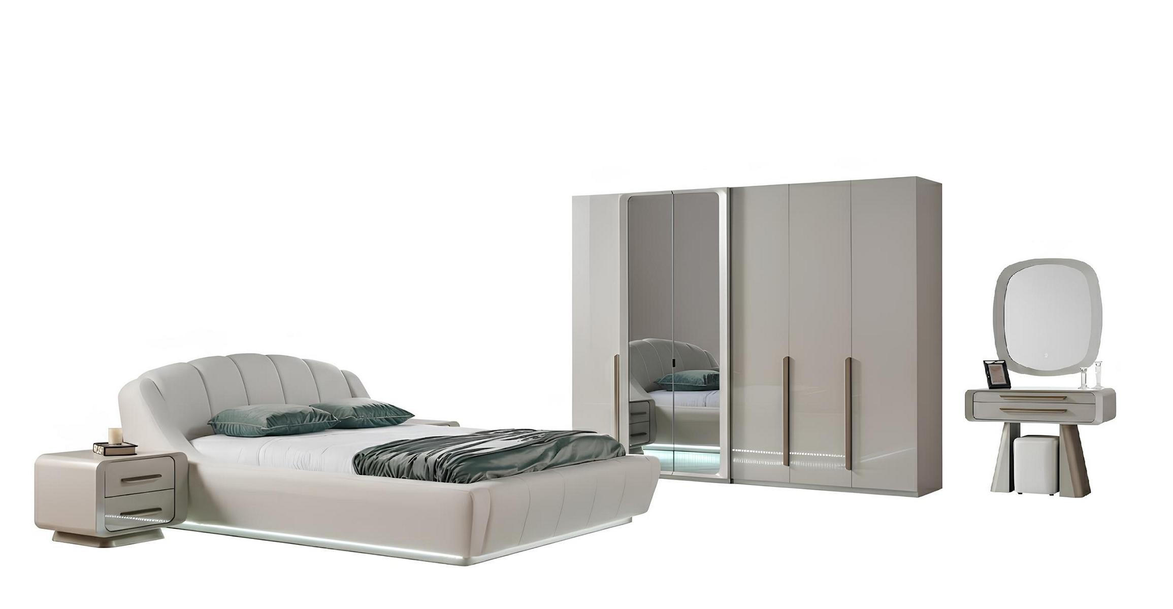 Schlafzimmer-Set Nachttisch Bett Kleiderschrank Kommode Spiegel Beige