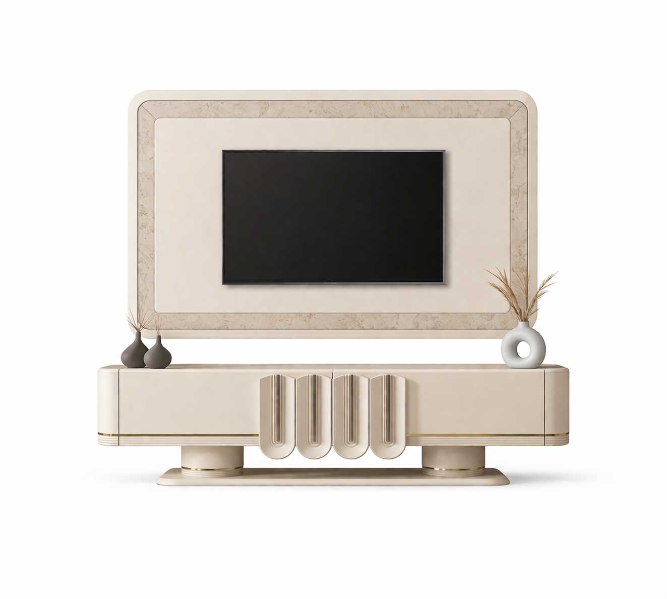 Beige TV-Garnitur Designer TV-Lowboard Holzrahmen TV-Rahmen 2tlg