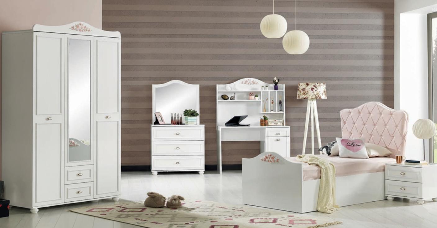 5-tlg. Jugendzimmer-Set: Bett, Nachttisch, Schrank, Schminktisch & Tisch
