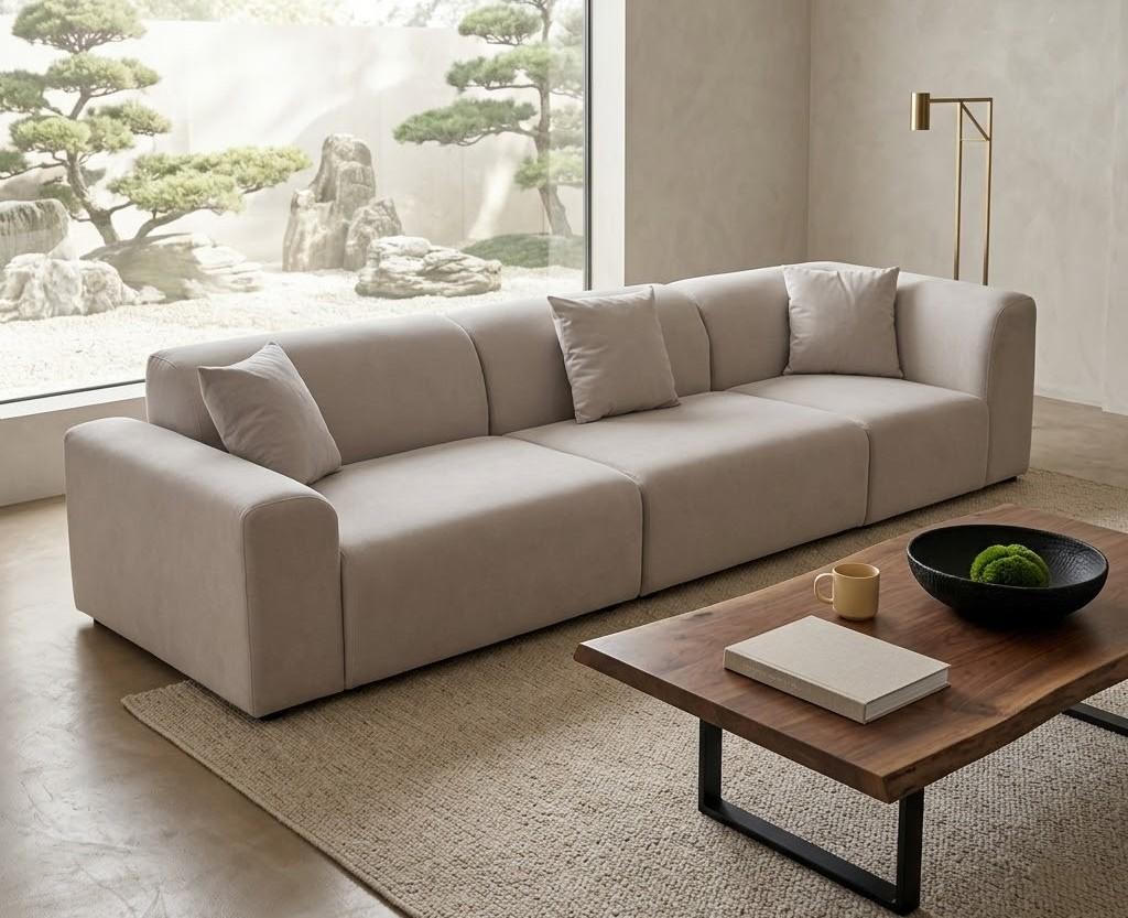 Wohnzimmer Dreisitzer Sofa Moderner Stil Braun Holzgestell Kissen Weich