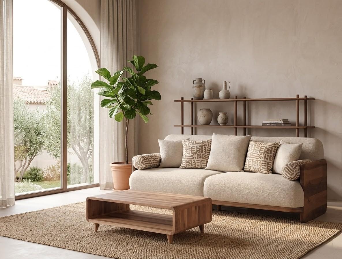 3 Sitzer Sofa Coffetisch Wohnzimmer Stil modern Farbe braun neu Holz