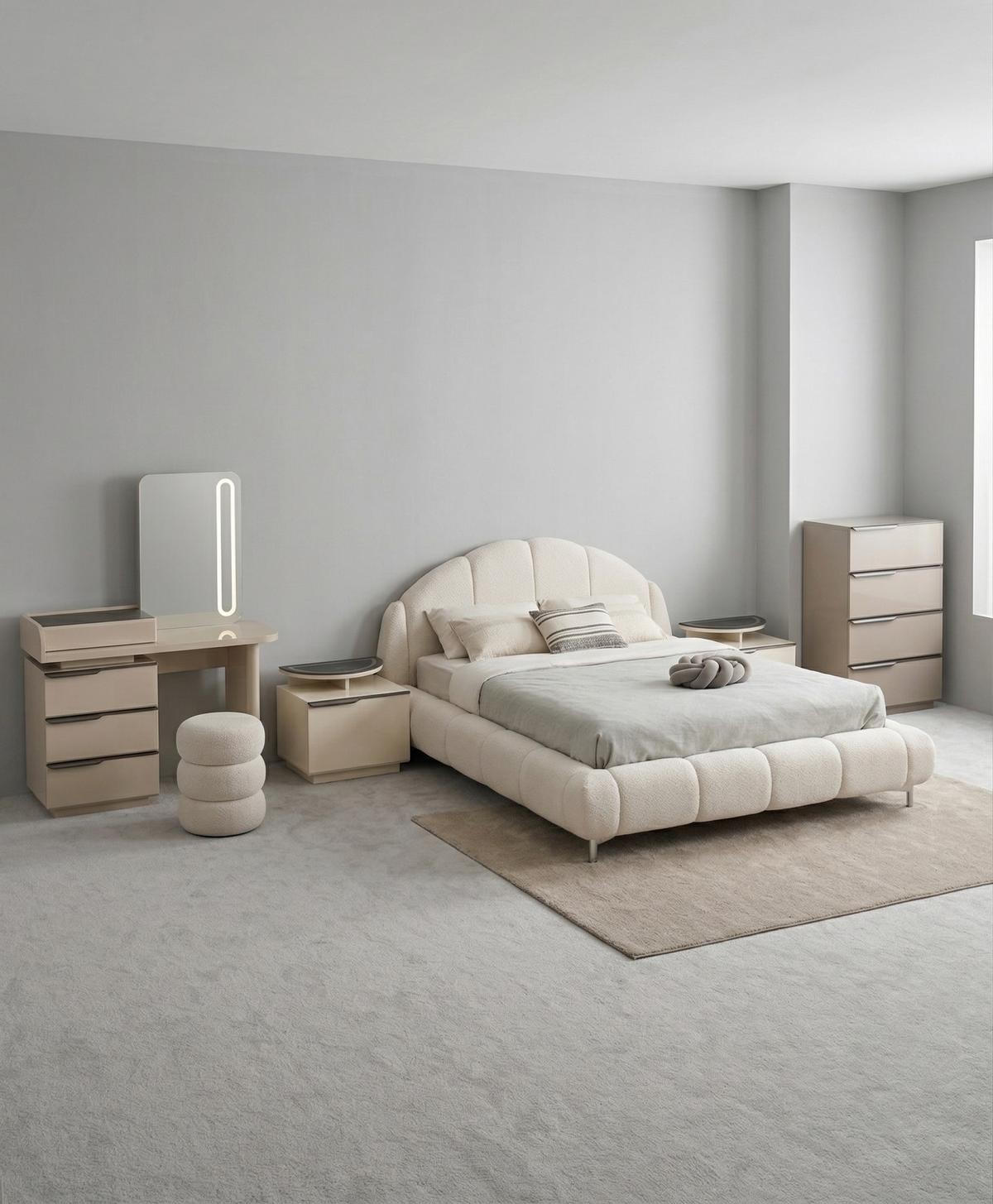 Schlafzimmer Set Bett 2xNachttisch Kommode Schminktisch Spiegel Pouf