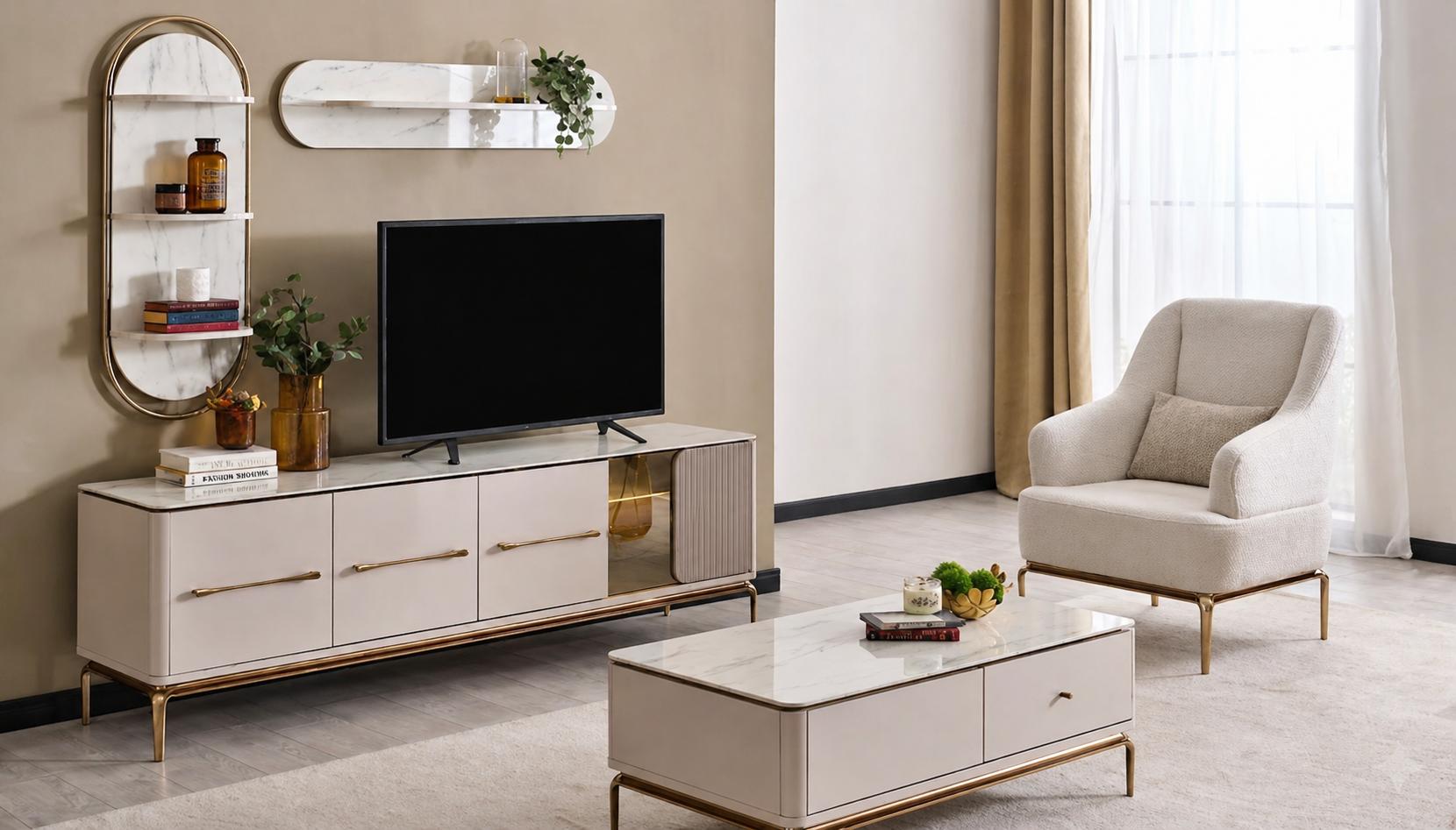 Stylisches Möbelset mit TV-Lowboard, Couchtisch und 2 Regalen