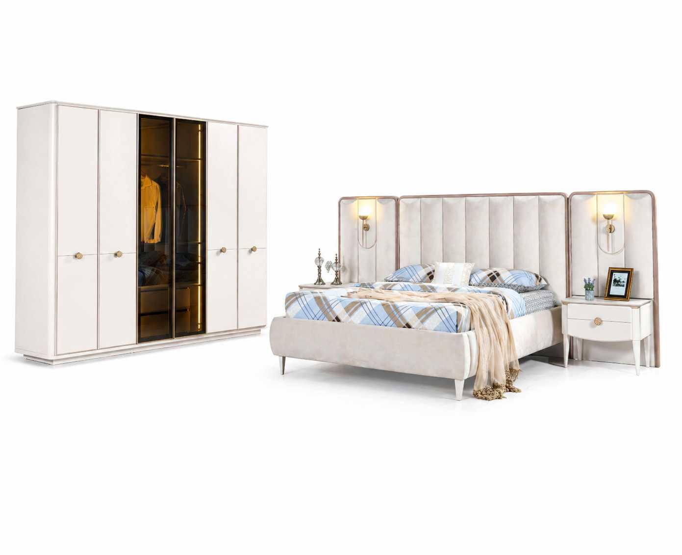 Schlafzimmer Bett+Nachttische Komplettes Moderner Design Kleiderschrank