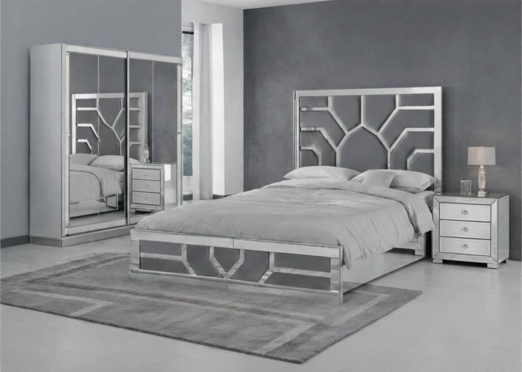 Modernes Schlafzimmer-Set mit Bett, Nachtisch und Kleiderschrank