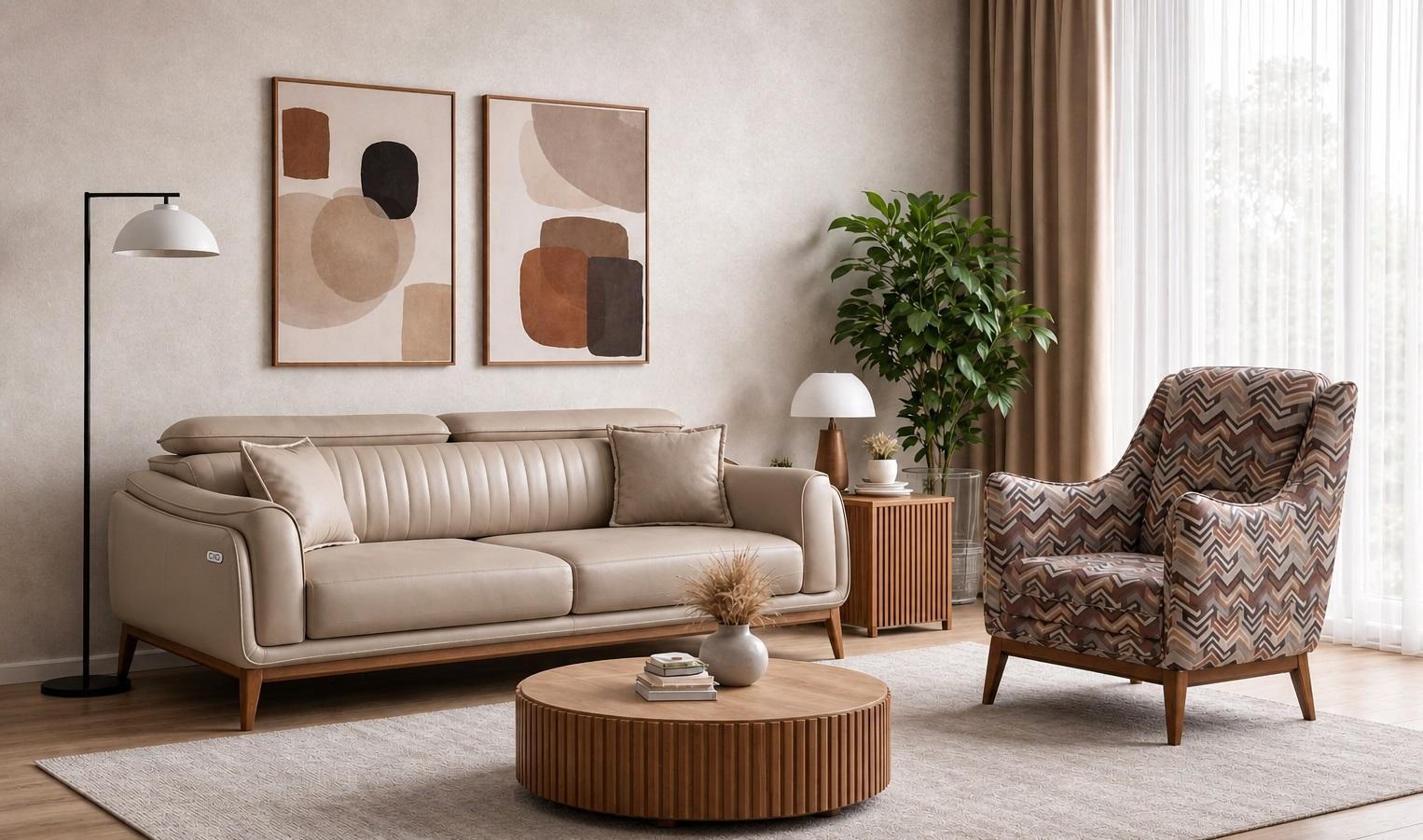 Polstergarnitur 3Sitzer sofa Elektroantrieb Beige Kissen Akzent Sessel