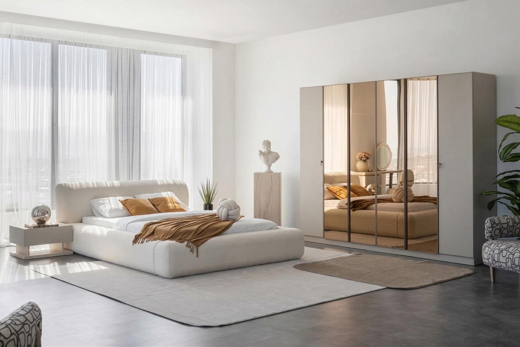 Schlafzimmer Set Bett 2xNachttisch Kleiderschrank Beigе Moderner Stil
