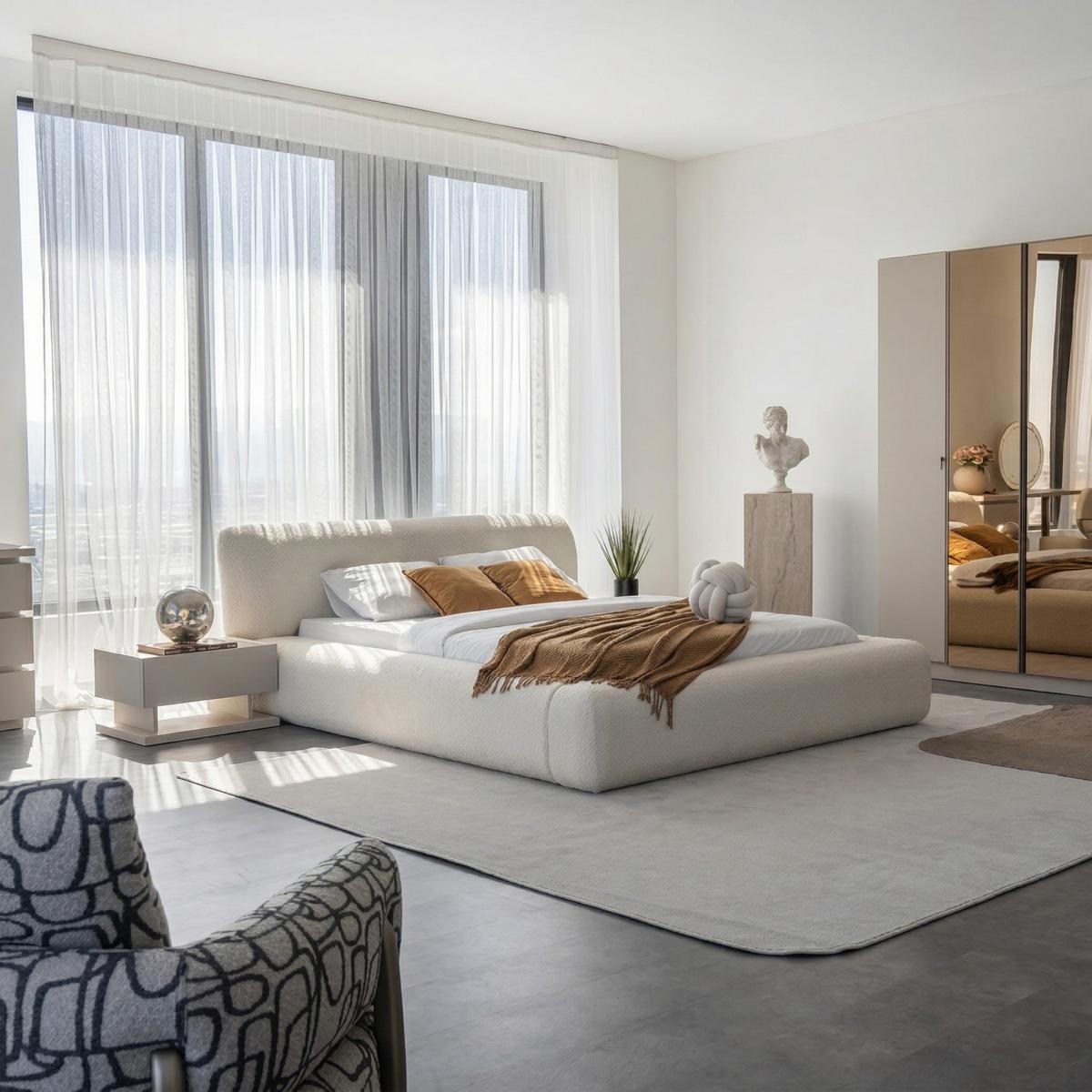 Schlafzimmer Set Bett 2xNachttisch Beigе Moderner Stil Komfortabel