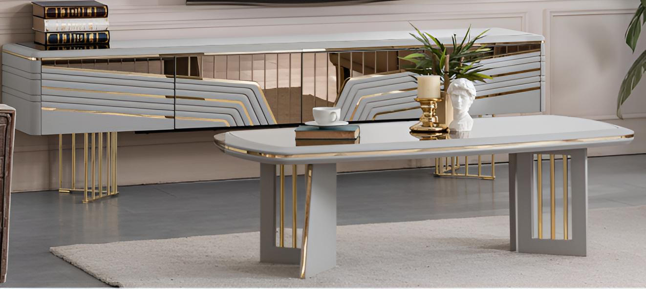 Wohnzimmer-Set Weib/Gold 2-teilig | Elegantes Sideboard & Couchtisch