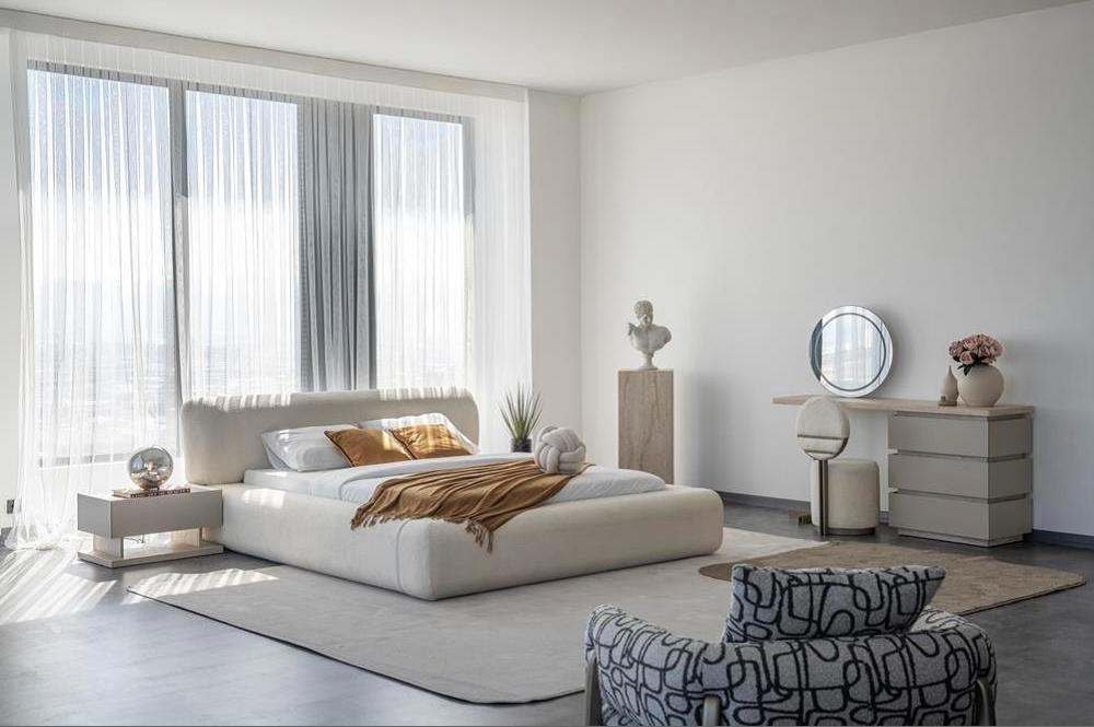 Schlafzimmer Set Bett 2xNachttisch Schminktisch Spiegel Pouf Beige