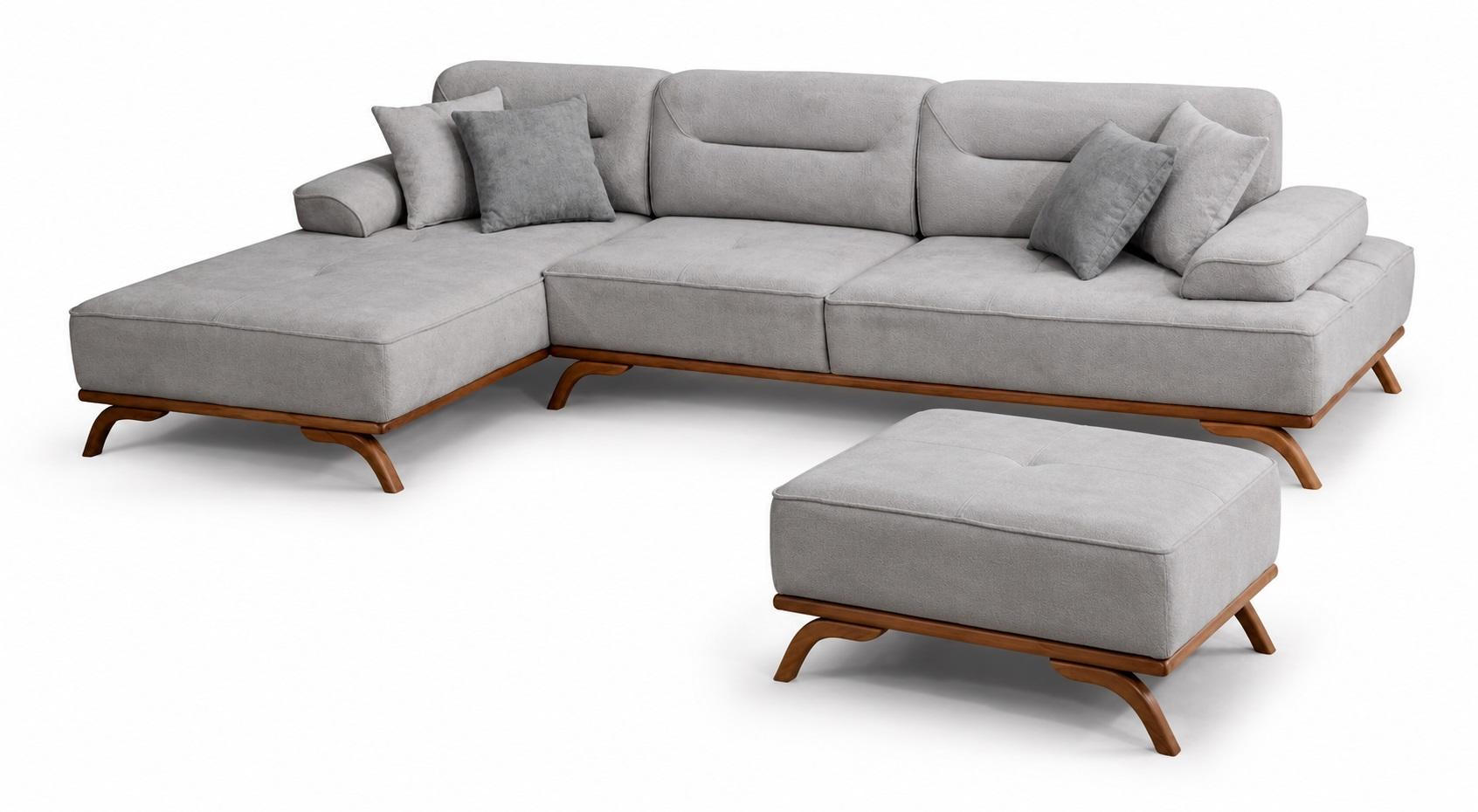 Polstergarnitur Ecksofa L-Form Pouf Modular Grau Kissen Modern Elegant