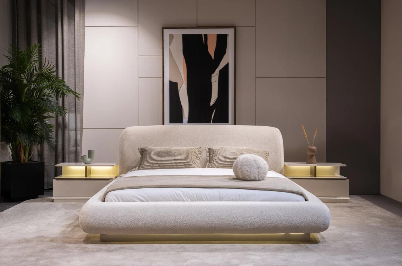 Schlafzimmer Set Bett 2xNachttisch Beige Moderner Stil Gemütlich Hell