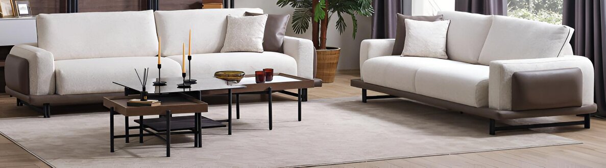 Luxus Set: 2 Polstersofas & 3er Set Couchtische Modernes Design