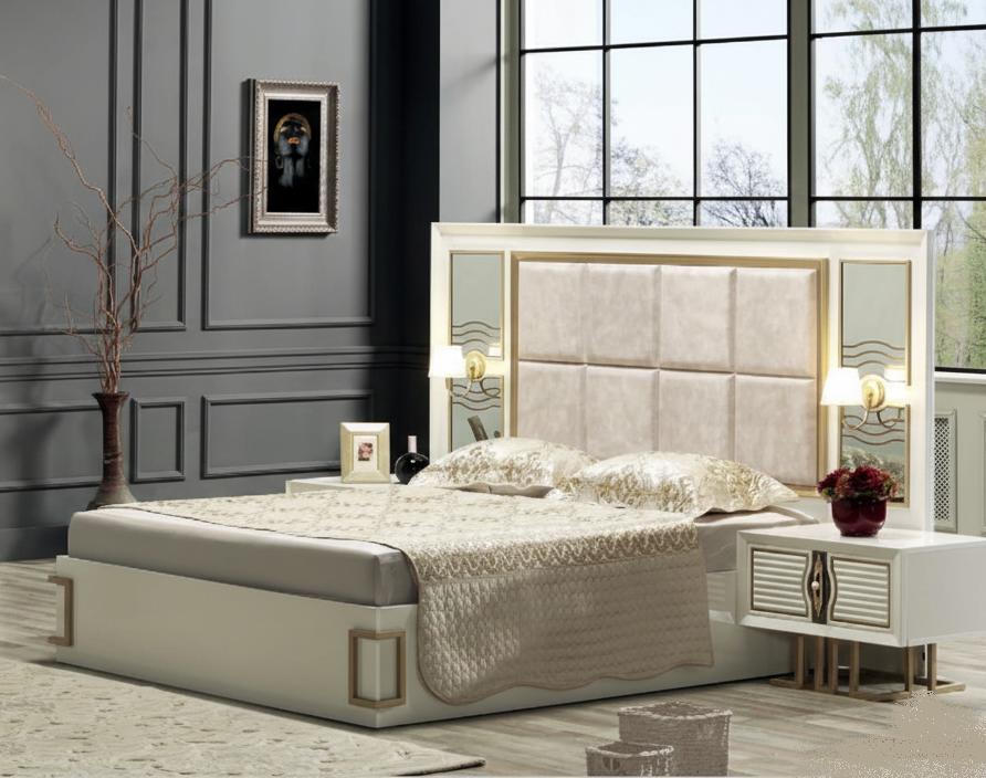 Modernes Schlafzimmer-Set mit Bett und zwei Nachttischen.