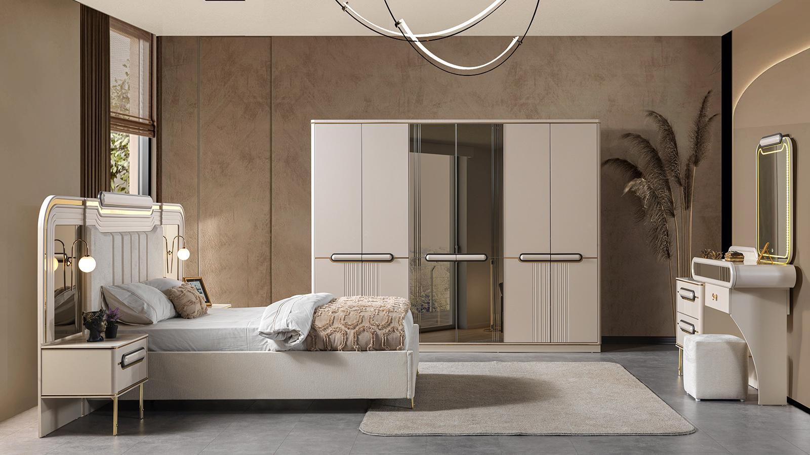 Bett 2x Nachttisch Kleiderschrank Kommode Stil modern Farbe weiß neu