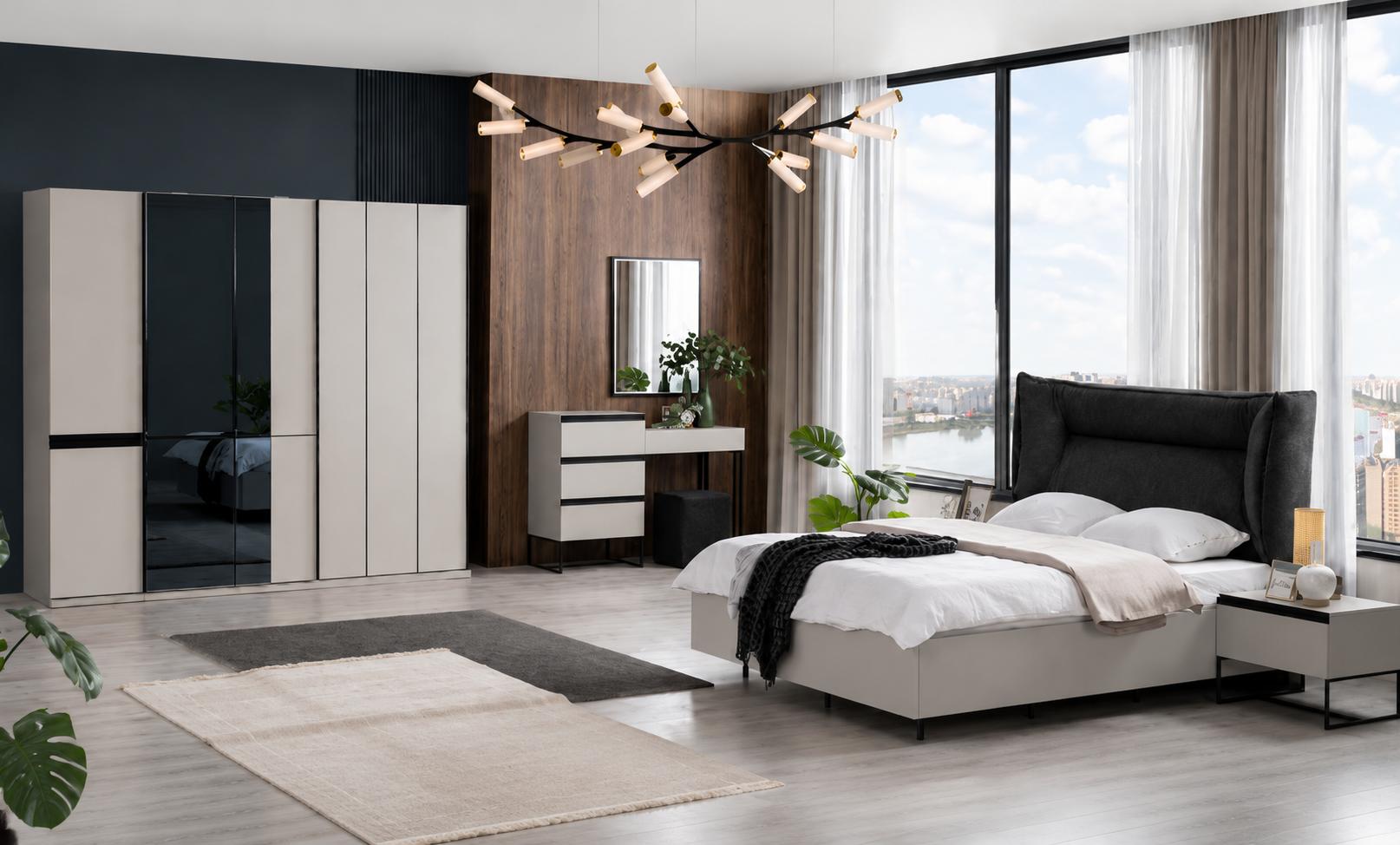 Schlafzimmer Set Grau Schwarz Hochglanz mit Bett und Schrank Lux