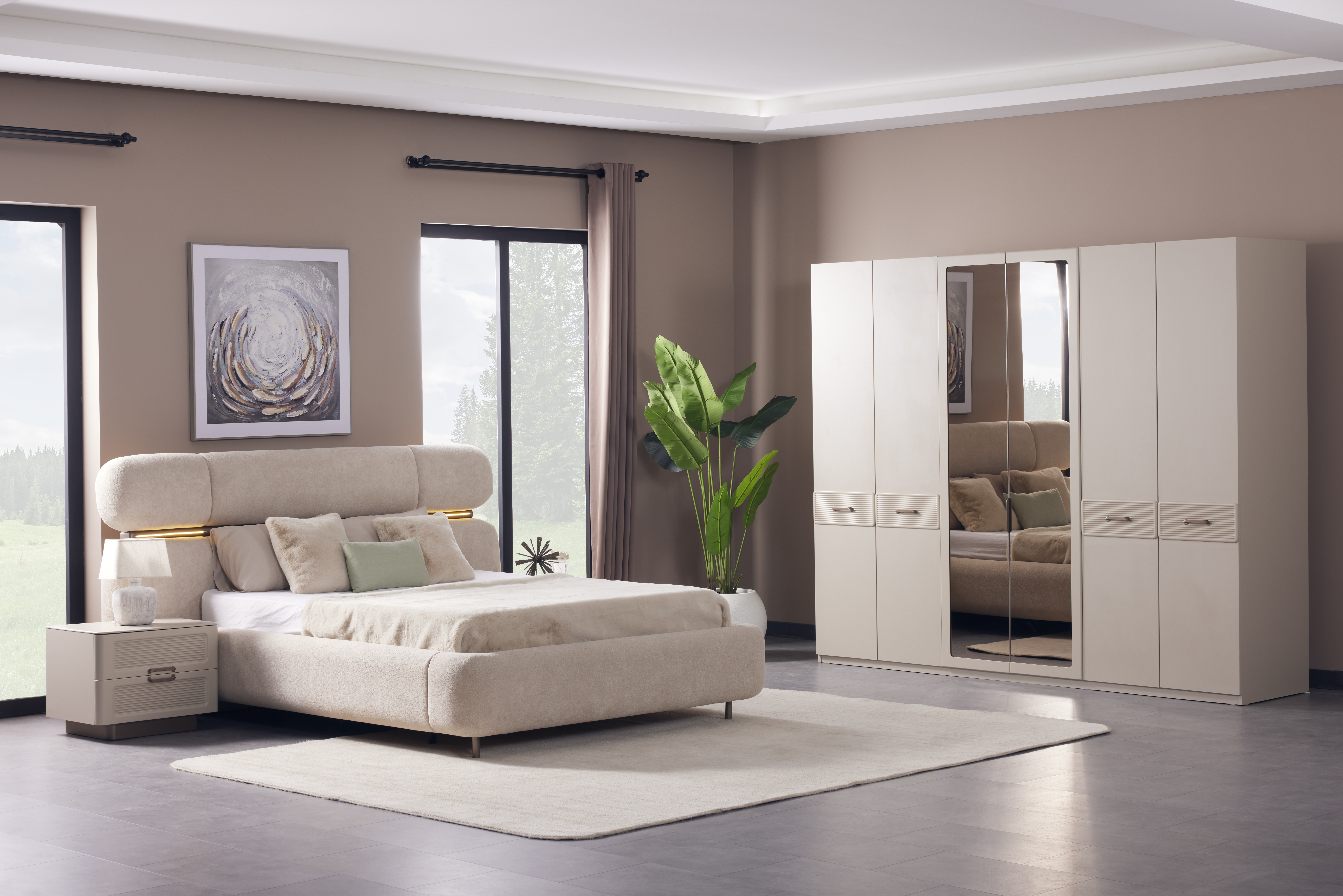Modernes Schlafzimmer Set Creme Bouclé Komplettbett Kleiderschrank