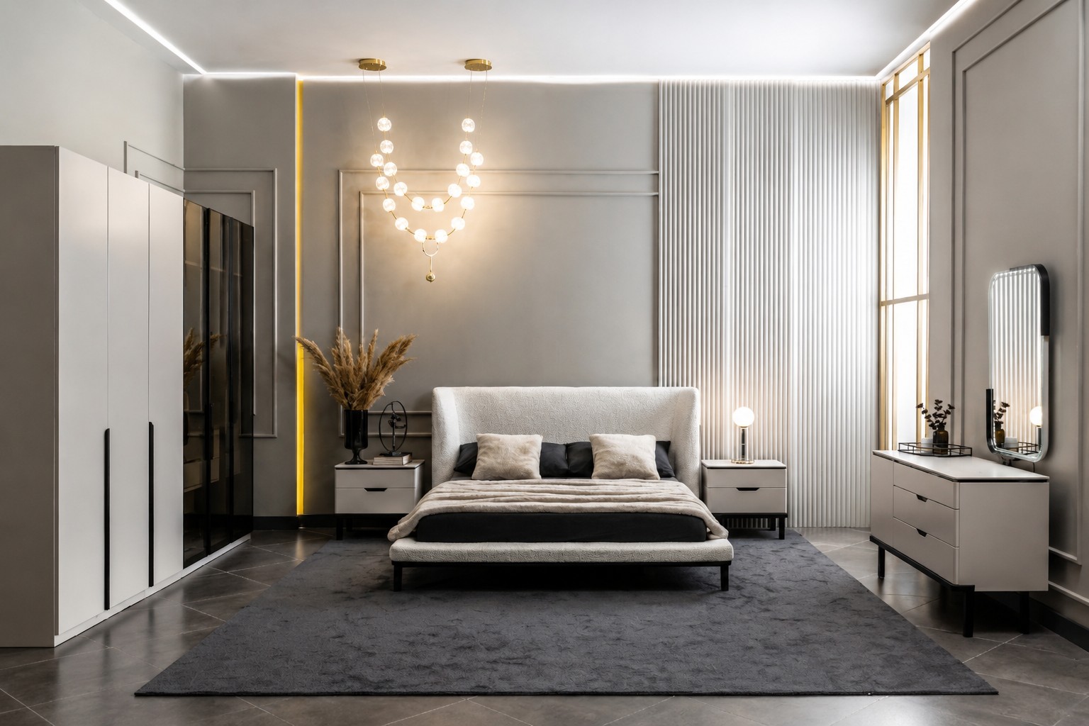 Luxus Designer Schlafzimmer Set Grau Weiß Modern Bett Schrank Kommode