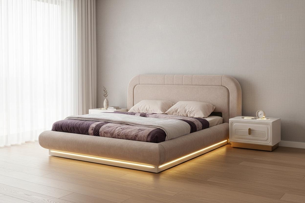 Schlafzimmer Set Beige Modern Elegant LED Bett 2x Nachttische Luxus