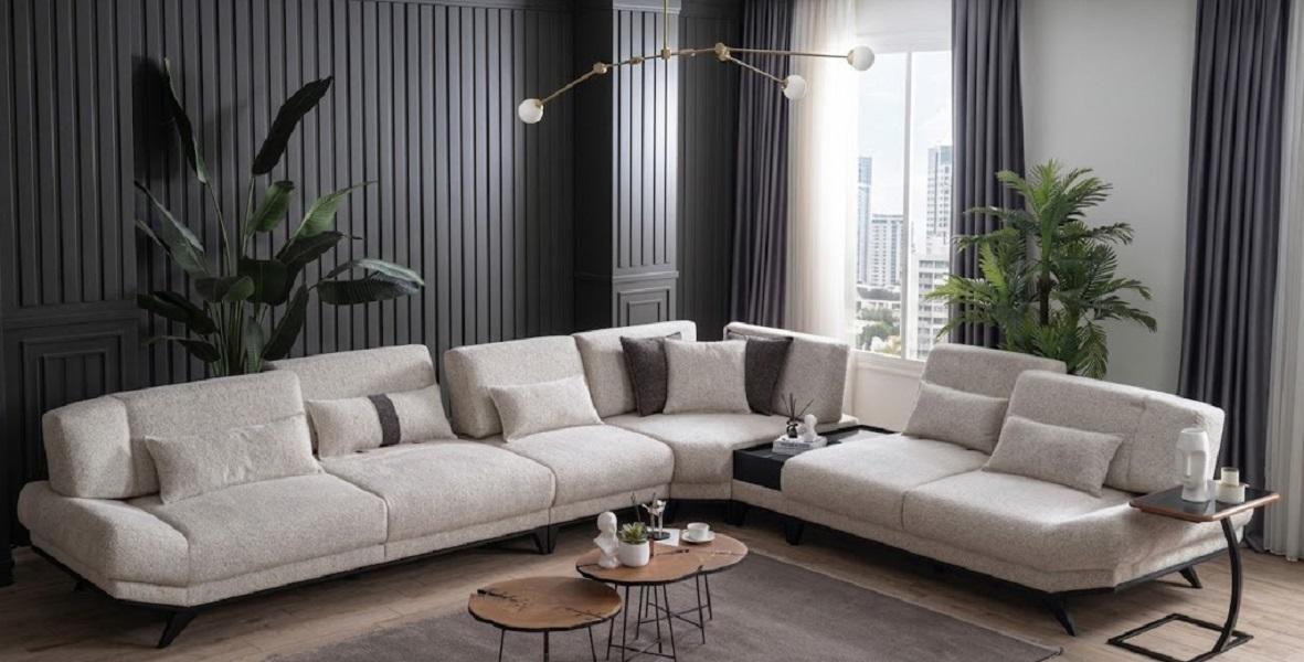 Designer Beiges L-Form Sofa Exklusive Polster Eckcouch Beistelltisch
