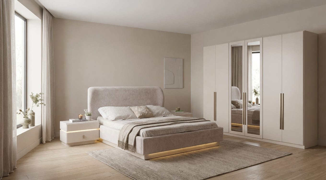 Design Schlafzimmer Set Beige 6türiger Schrank LED Polsterbett Luxus