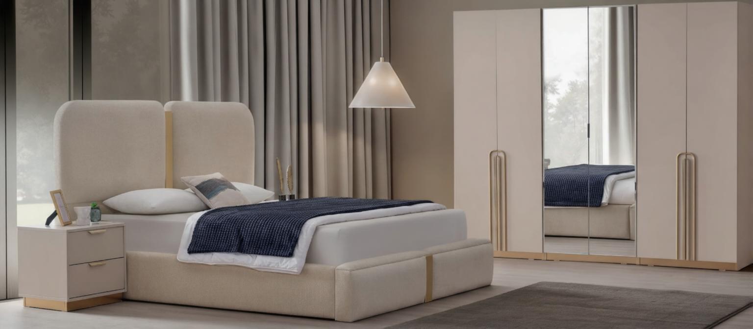 Elegante Beige Schlafzimmer Garnitur Textilbett 2x Nachtkonsolen