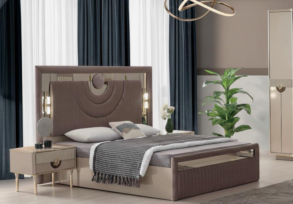 Modernes Braun-Beiges Schlafzimmer Set Textilbett 2x Nachttische