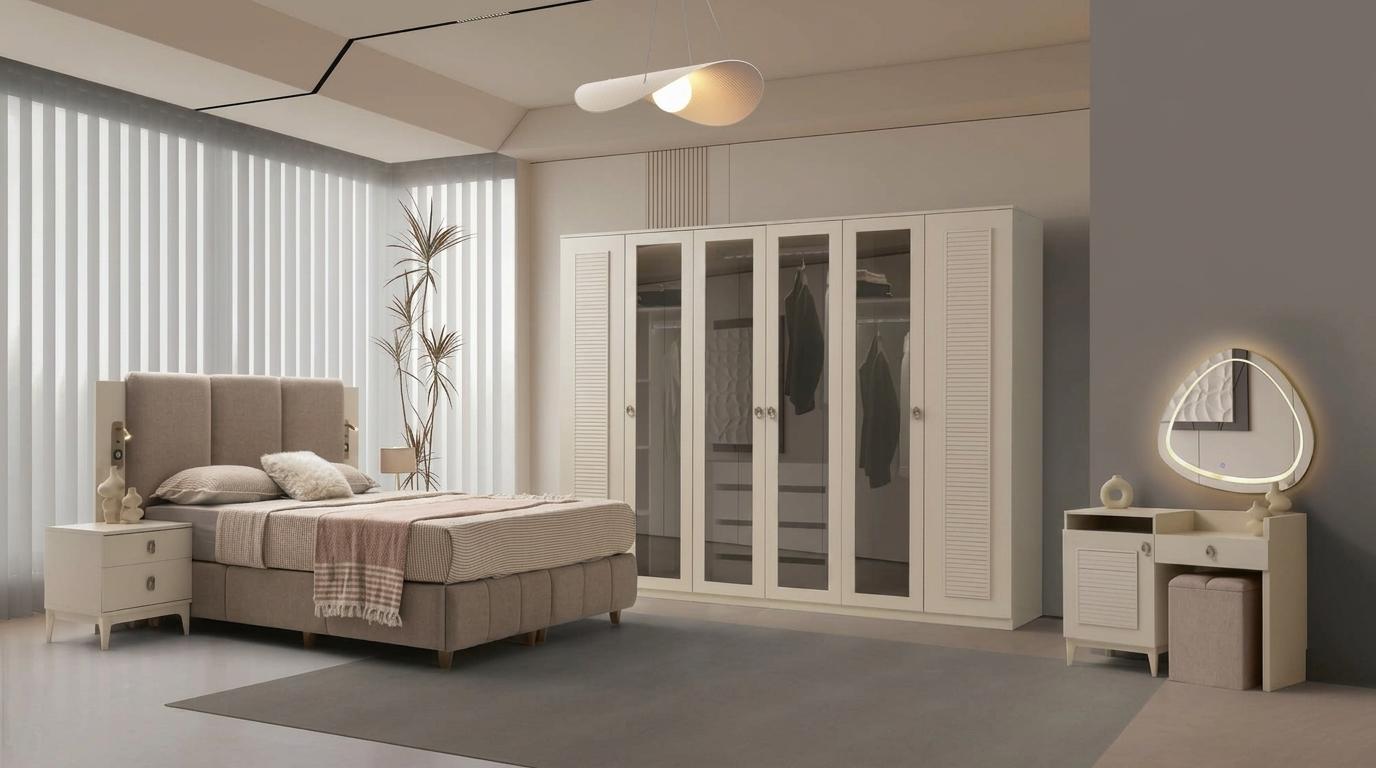 Schlafzimmer-Set Schrank Bett Kommode Spiegel 2x Nachttische Hocker