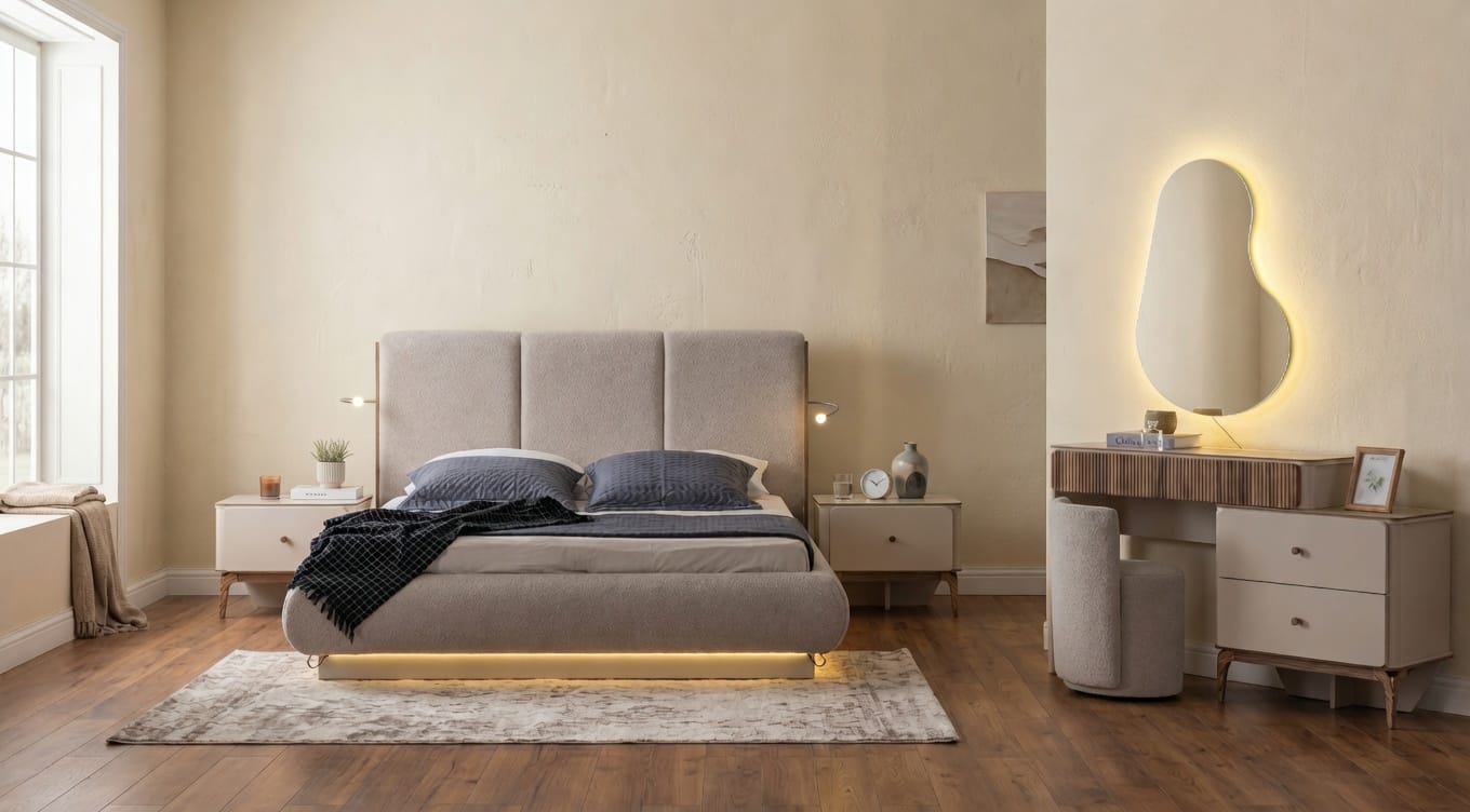 Stilvoll Luxus Schlafzimmer Set LED Bett Nachttisch Edel Frisiertisch