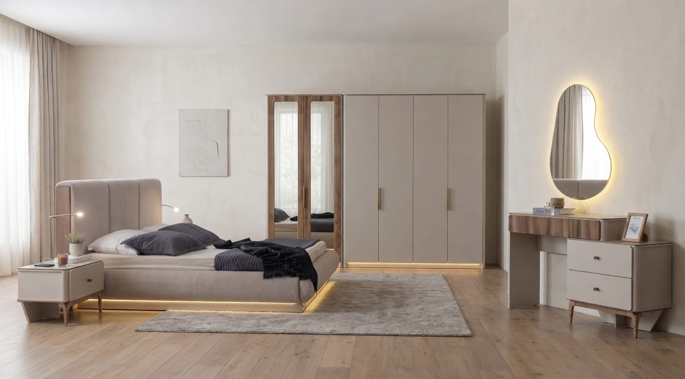 Edel Luxus Schlafzimmer Set Bett Schrank Nachttisch Spiegel Elegante