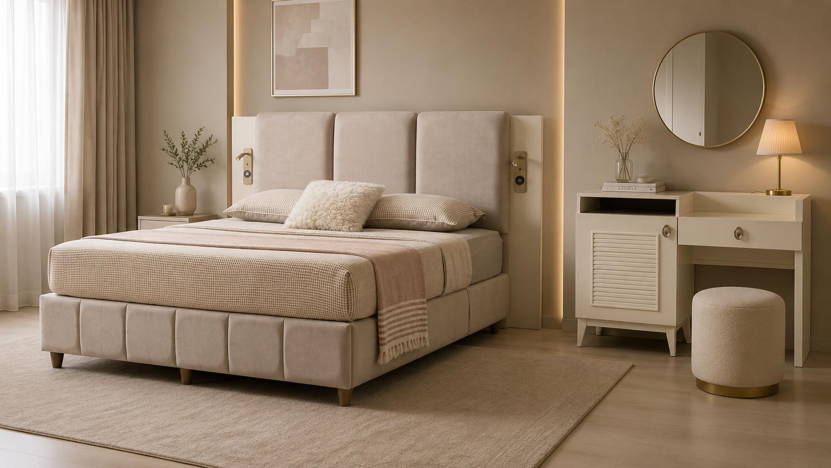 Schlafzimmer-Set Bett Kopfteil Kommode Modern Beige Bequem Stilvoll