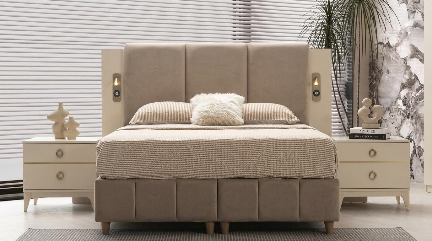 Schlafzimmer-Set Bett Kopfteil 2x Nachttische Modern Holz Beige Geräumig