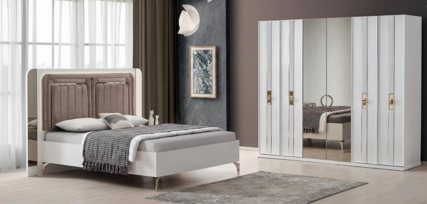 Elegante Schlafzimmer Garnitur Polsterbett Glas Kleiderschrank