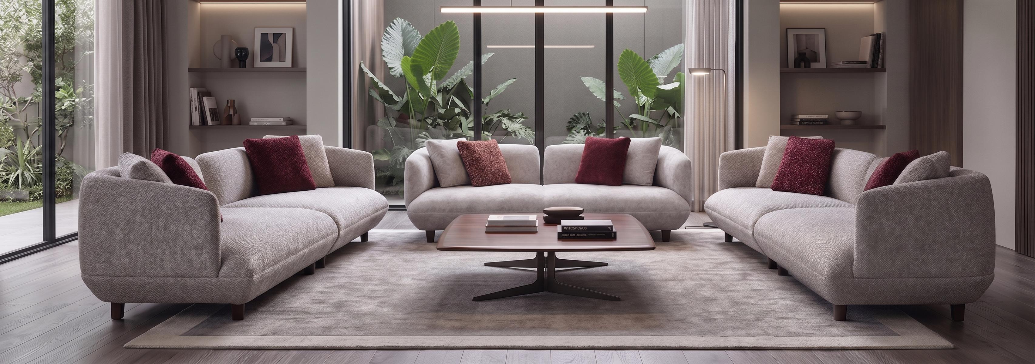 Sofa Set in Grau mit Holzbeinen rote Kissen modernes Design Couch Möbel Polster