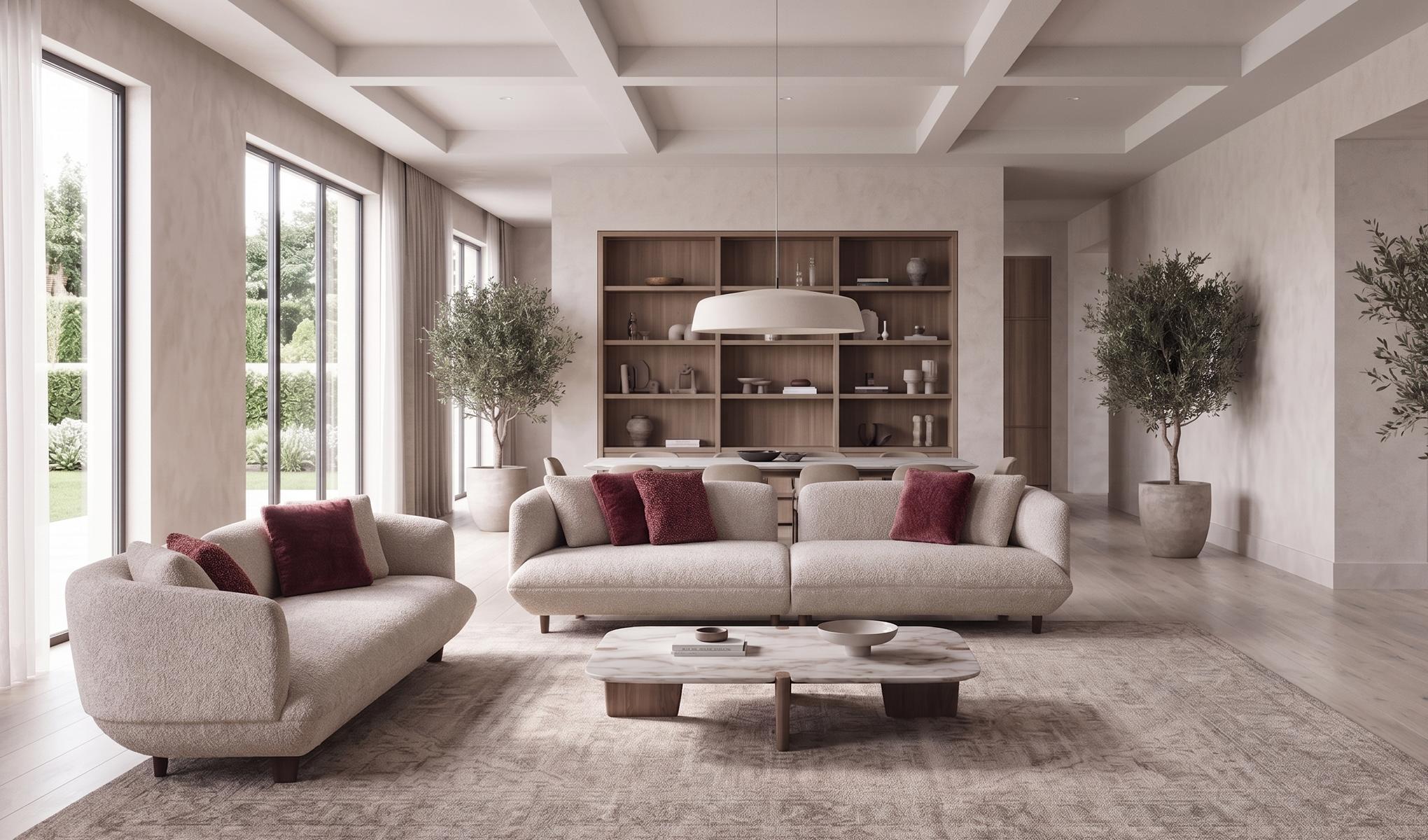 Elegante graue Sofas auf Holzfüßen rote Kissen modern Couch Möbel Polster