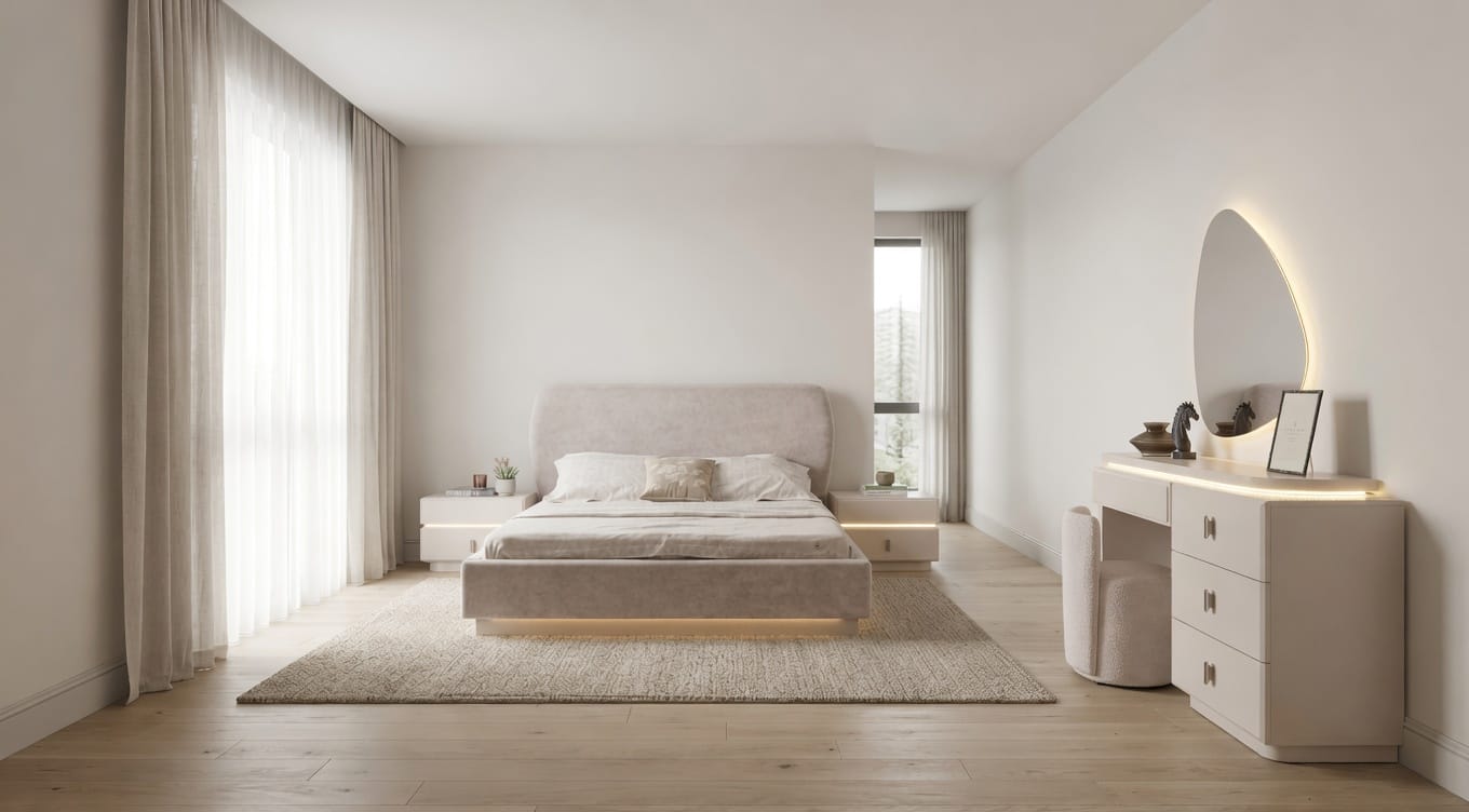 Design Elegant Schlafzimmer Set Bett Nachttisch Beige Schminktisch