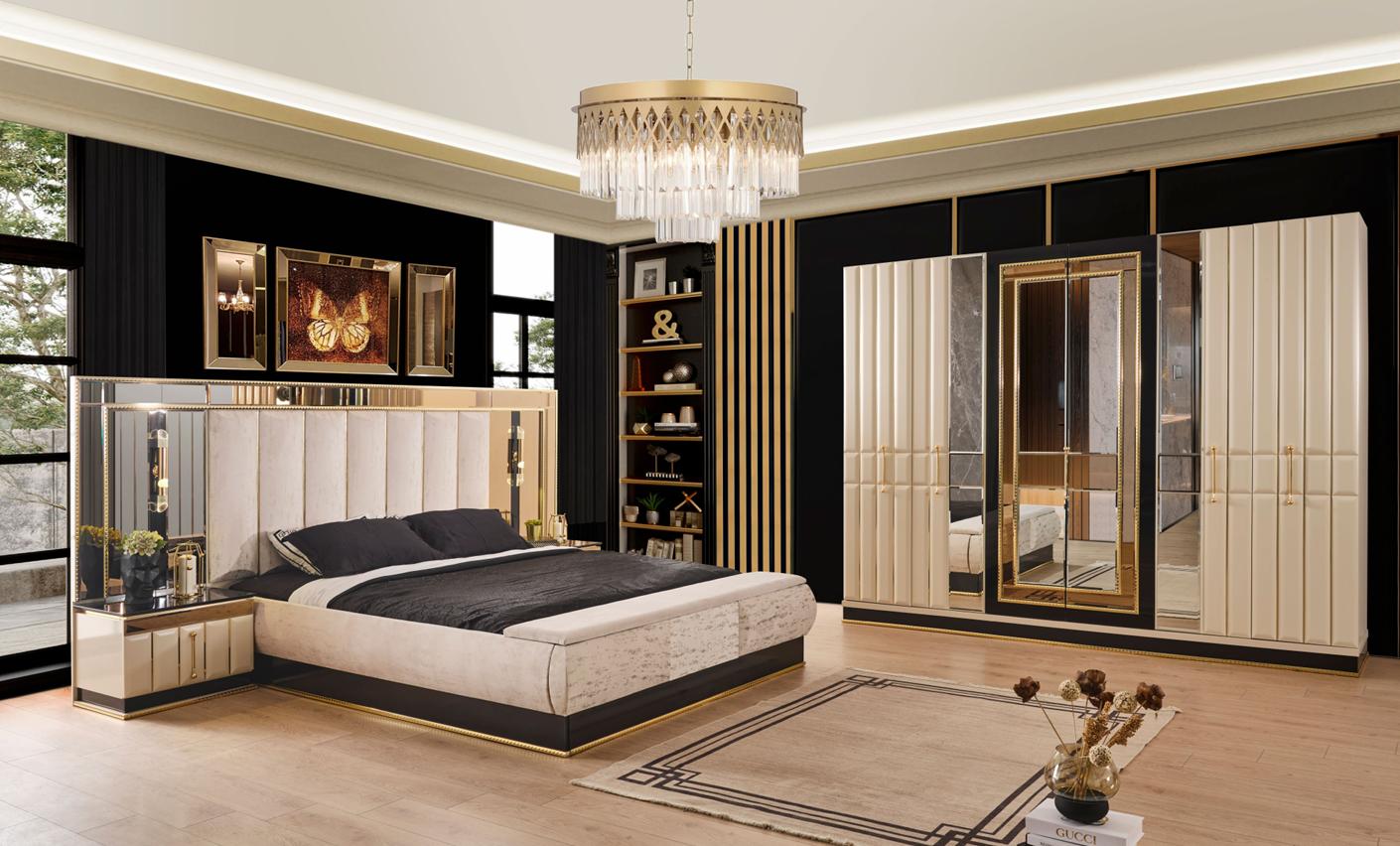 Schlafzimmer Set Bett 2x Nachttische Kleiderschrank Beigе Moderner Stil