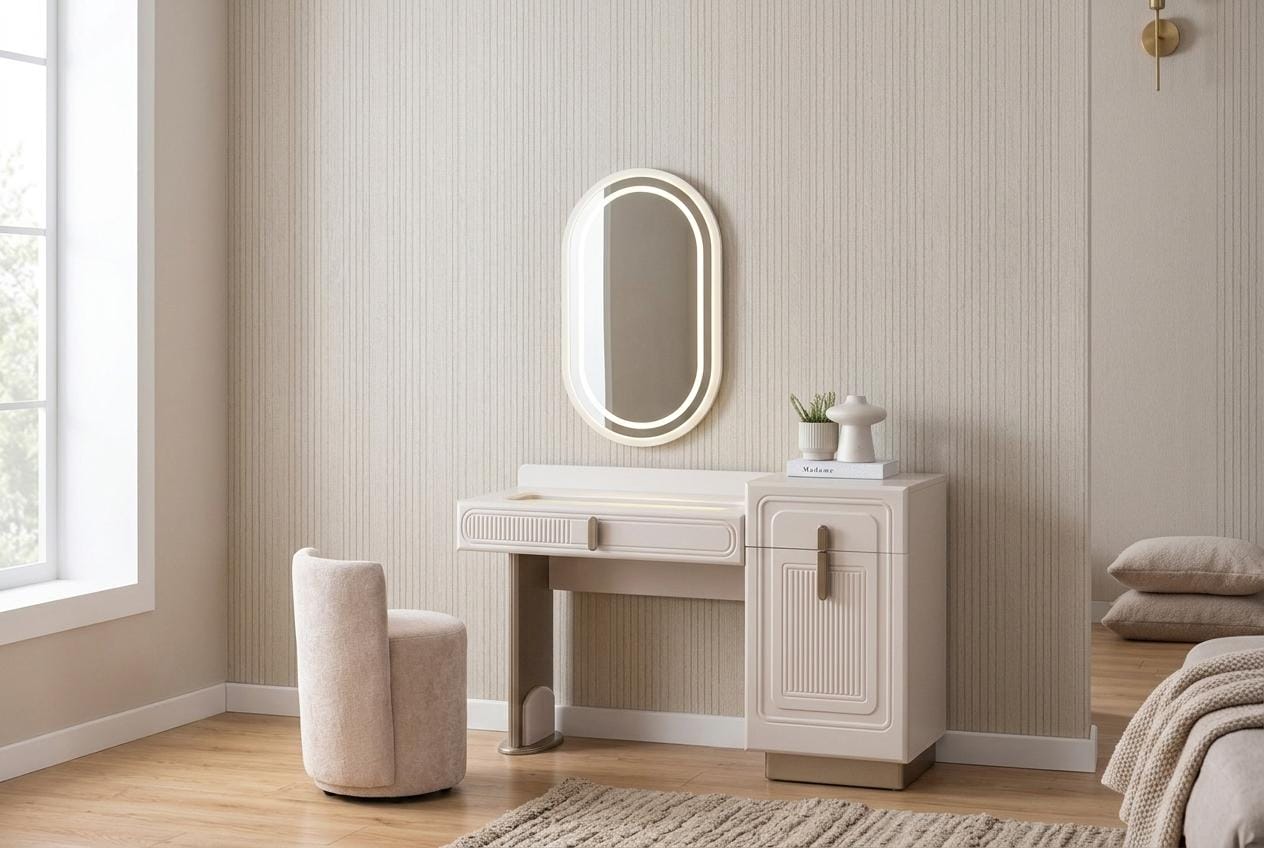 Design Schminktisch Set Elegante Spiegel Hocker Beige Schick Modern