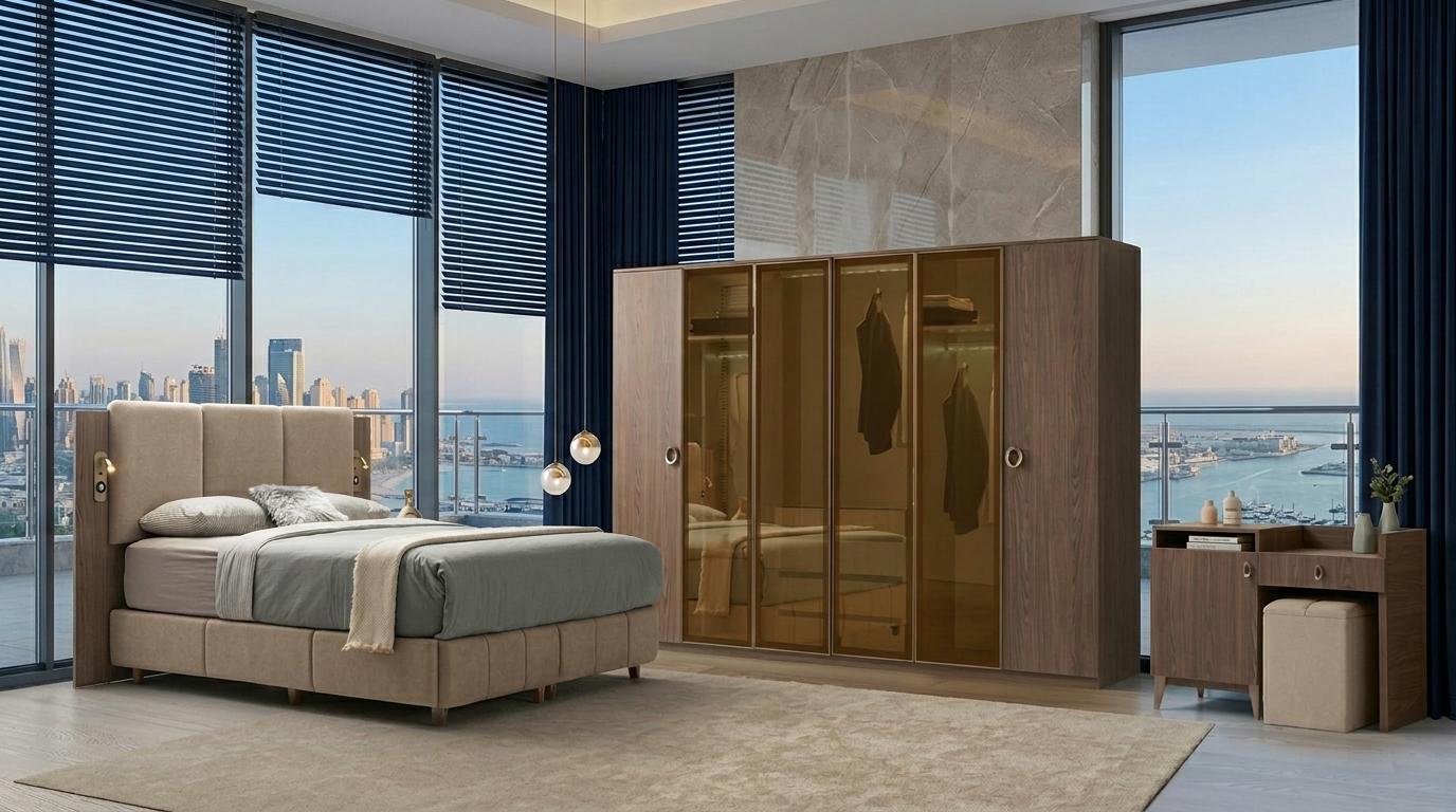 Braunes Schlafzimmer Set Polsterbett Edler Kleiderschrank Kommode