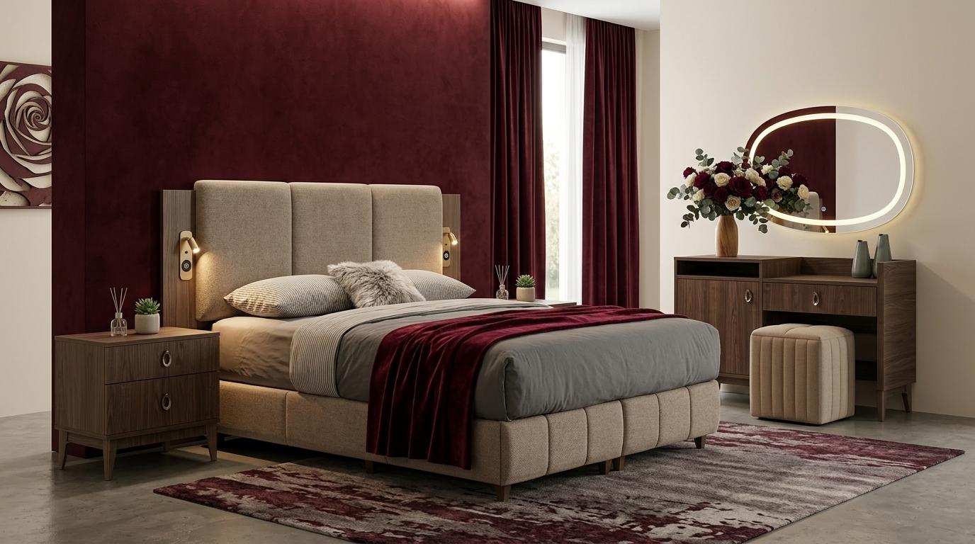 Schlafzimmer-Set Bett Kopfteil 2x Nachttische Kommode