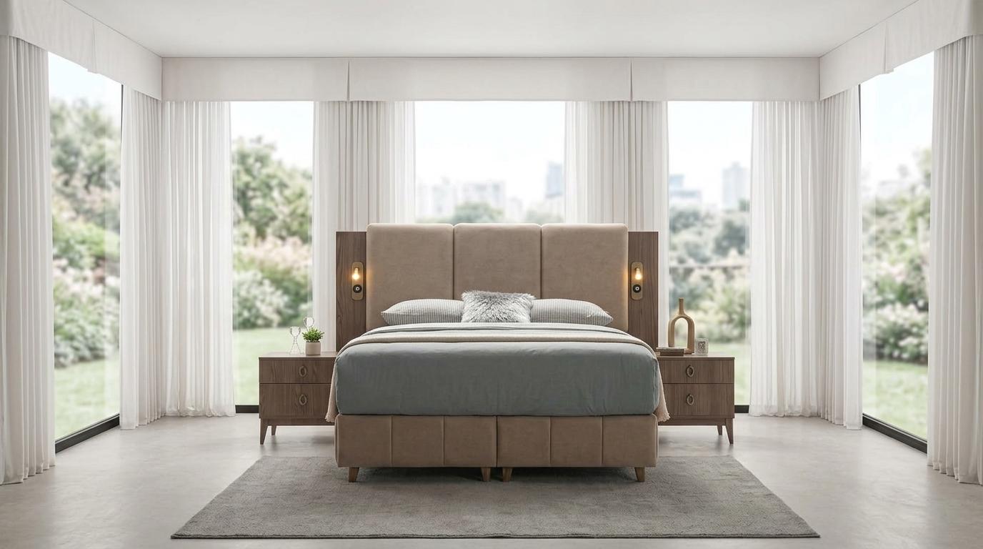 Schlafzimmer-Set Bett Kopfteil 2x Nachttische Modern Braun Bequem