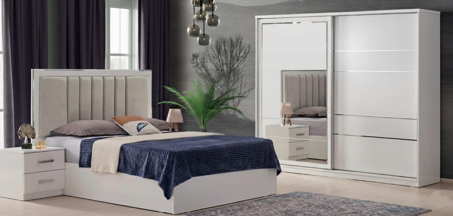 Elegantes Schlafzimmer Set Textilbett Nachtkonsolen Schrank 4tlg