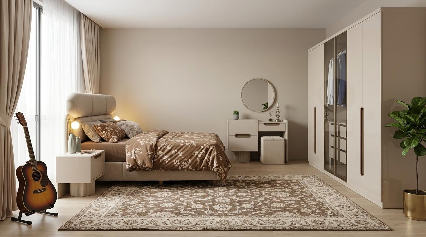 Beige Schlafzimmer Garnitur Textilbett Holzkommode 2x Nachttische